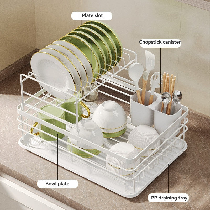 Kitchen Metal Storage Rack Utensil Organizer Bowl Plate Draining Rack Double Deck Cutlery Shelf