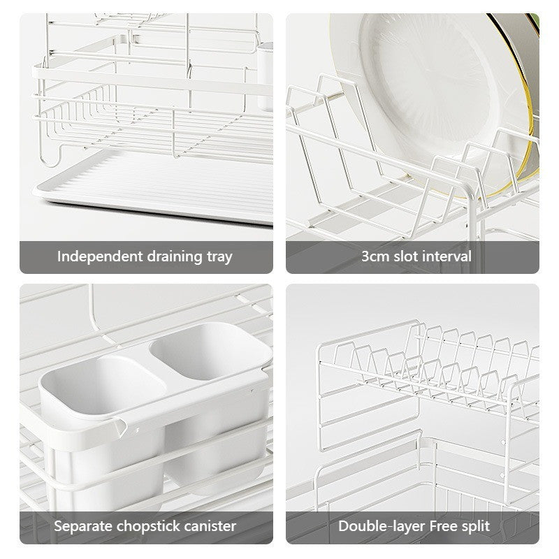 Kitchen Metal Storage Rack Utensil Organizer Bowl Plate Draining Rack Double Deck Cutlery Shelf