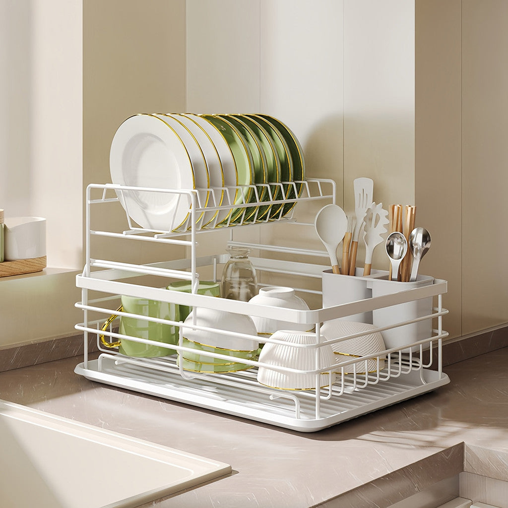 Kitchen Metal Storage Rack Utensil Organizer Bowl Plate Draining Rack Double Deck Cutlery Shelf