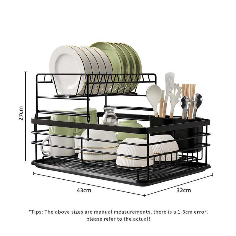 Kitchen Metal Storage Rack Utensil Organizer Bowl Plate Draining Rack Double Deck Cutlery Shelf