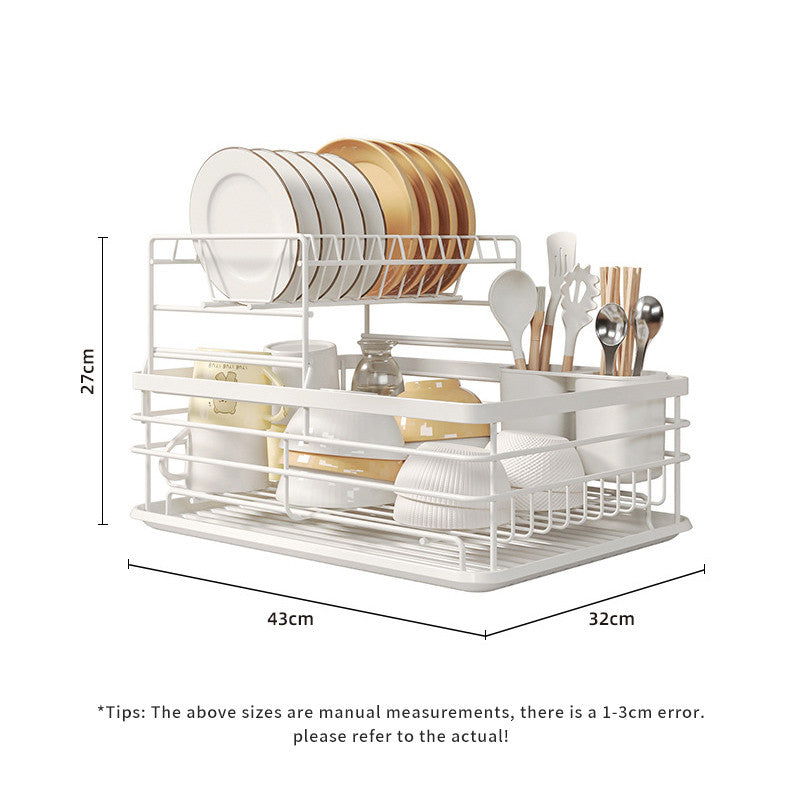 Kitchen Metal Storage Rack Utensil Organizer Bowl Plate Draining Rack Double Deck Cutlery Shelf