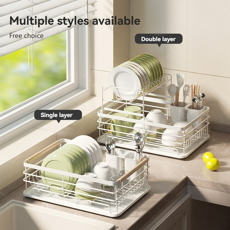 Kitchen Metal Storage Rack Utensil Organizer Bowl Plate Draining Rack Double Deck Cutlery Shelf